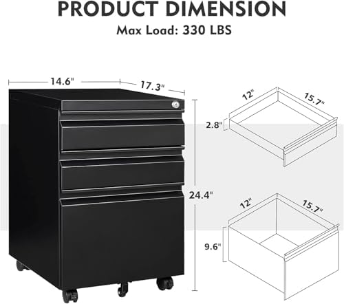 MIIIKO 3 Drawer File Cabinet on Wheels, Home Office Mobile File Cabinet Under Desk, Full Assembled Metal Filing Cabinets with Lock for Legal/Letter/A4 File Folders - Image 3