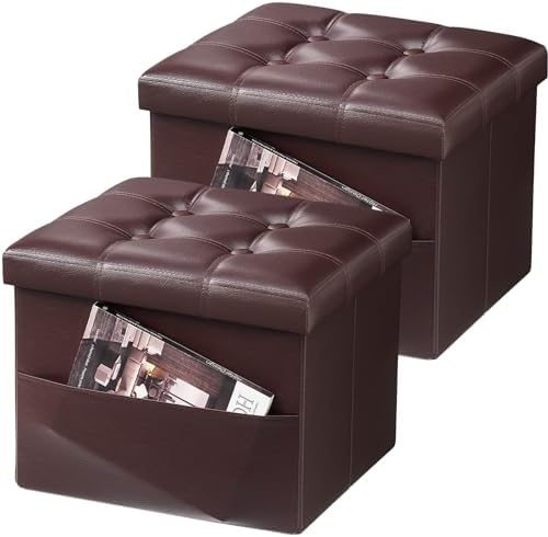 AmasSmile Ottoman with Storage,Folding Chest, 16" Leather,Brown 2 Pack by AmasSmile