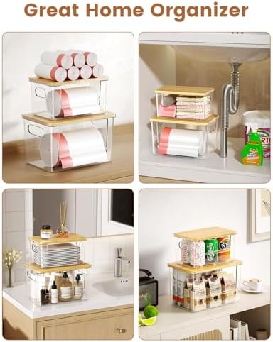 Trash Bag Dispenser 2-Pack, Stackable Trash Bag Holder with Bamboo Lid – Clear Plastic Garbage Bag Organizer for 13/30/33 Gal Bags, Space-Saving Under Sink Organizer for Kitchen, Laundry, Pantry - Image 6