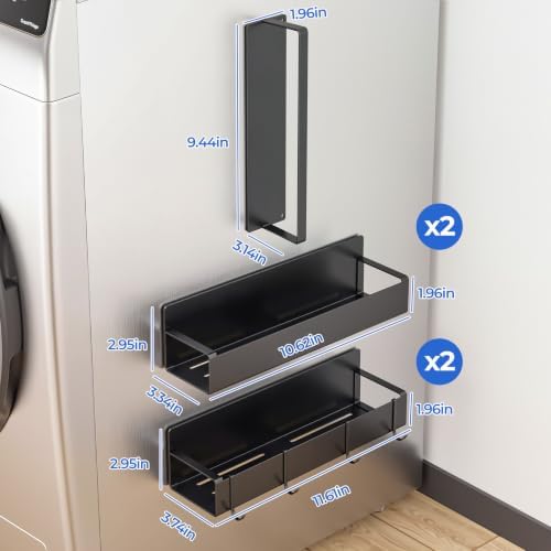 Vetacsion 4 Pack Magnetic Laundry Organizer, Heavy Duty Magnetic Shelf For Washer And Dryer, White, Iron (5‑Pack Magnetic Shelves with Hanger & Hooks) - Image 6