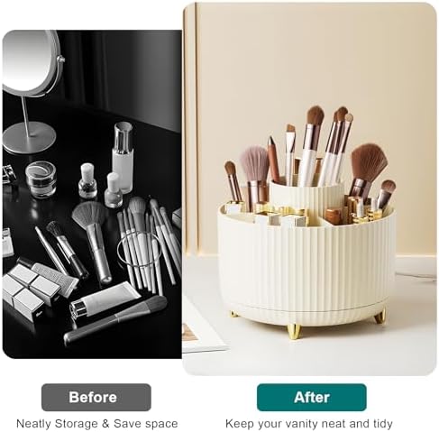 Diesisa Makeup Brush Holder Organizer,360° Rotating Makeup Brush Organizer,5 Slot Make up Brushes Cup for Cosmetics, Nail Polish, Art Supply, Bathroom Vanity Desktop Organizer - Cream - Image 5