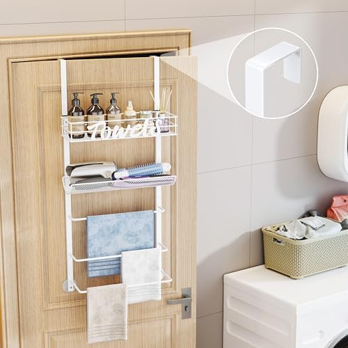 SWTYMIKI Over the Door Towel Racks for Bathroom - 5-Tier Wall Mounted Bathroom Towel Storage Organizer Holder with Metal Shelf, White - Image 3
