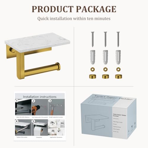 BWE Toilet Paper Holder with Marble Shelf, Toilet Paper Roll Holder Wall Mounted, Toilet Paper Roll Holder with Phone Shelf 304 Stainless Steel Tissue Holder for Bathroom Washroom (Gold) - Image 7