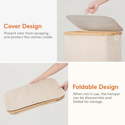 Lifewit 105L Large Laundry Basket with Lid, Removable Bags, Beige - Image 6