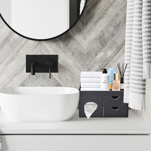 Square Tissue Box Cover with Drawers,Tissue Box Holder with Storage Tray,​ Makeup Organizer and Desk Organizer,Tissue Holders Decorative for Bathroom Vanity NightStand Dressing Table (Black) - Image 4