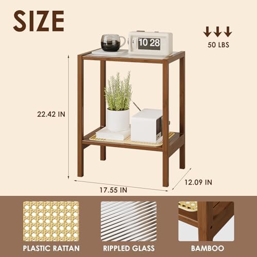 Bamworld Rattan Side Table Boho End Table 2-Tier with Storage Living Room - Image 2