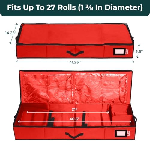 HOLDN’ STORAGE Premium Wrapping Paper Storage Container - Durable 600D Tear-Proof, Fits 27 Rolls Gift Wrap, Extra Pockets for Ribbons & Bows, Underbed Storage - Ideal for Holiday Christmas, Red - Image 3