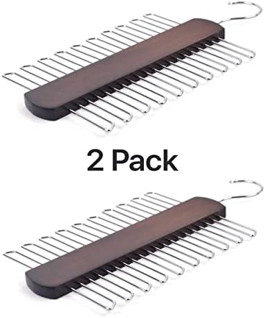 Umo Lorenzo 2 Pack Premium Wooden Necktie and Belt Hanger, Walnut Wood Center Organizer and Storage Rack with a Non-Slip Finish - 20 Hooks - Image 2