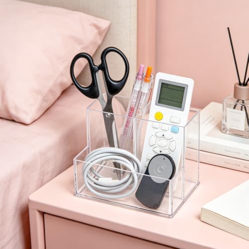 Vowcarol Clear Acrylic Remote Control Holder, 3 Compartments (2 Tall + 1 Low), Small Footprint, Tabletop Storage for TV, AC & Small Items - Image 4