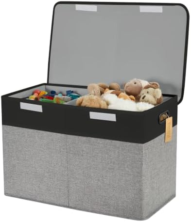 Large Toy Storage Box with Lid, Collapsible Toys Storage Organizer Bins with Dividers and Handles, Storage Chest Bin for Kids, Boys, Girls, Nursery 25"x13" x16" (Balck & Gray) by Roobyl