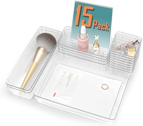 15Pcs Clear Plastic Drawer Organizers Set, 4size makeup drawer organizer trays for vanity/desk/bathroom/office/nightstand/gadgets for kitchen/desk drawer, Versatile drawer divider storage bins by VEXTHYXOfficial