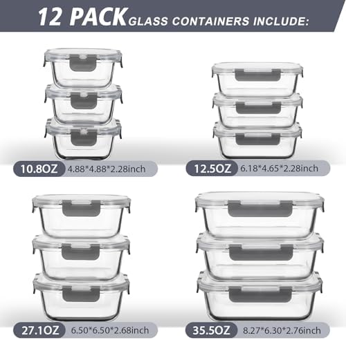 AILTEC 12 Pack Glass Meal Prep Containers Set, Airtight Snap Lids, 4 Sizes - Image 2