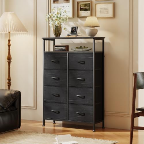 OLIXIS 8 Drawers Fabric Dresser, Tall Chest with Raised Shelf, Black Wood - Image 2