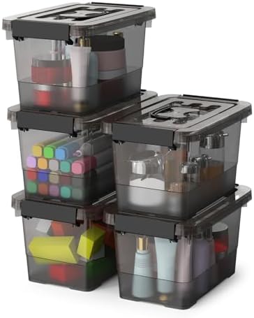 Plastic Storage Bins with Lids 5-Pack Storage Organizer, 4 Quart Stackable Storage Bins with Buckle Lids and Handle easy for Home Office Pantry Organization, Clear Black by Unknown