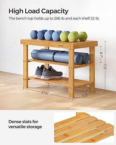 SONGMICS Shoe Rack Bench, 3-Tier Bamboo Shoe Storage Organizer, Entryway Bench, Holds Up to 286 lb, 11.3 x 27.6 x 17.8 Inches, for Entryway Bathroom Bedroom, Natural ULBS04N - Image 3
