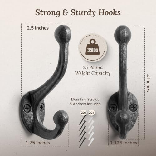 My Fancy Farmhouse Rustic Cast Iron Coat Hooks (10 Pack) Wall Mounted Farmhouse Decorative Wall Hooks, Vintage Hooks for Hanging Coats, Bags, Hats, Towels (Antique Black) - Image 3