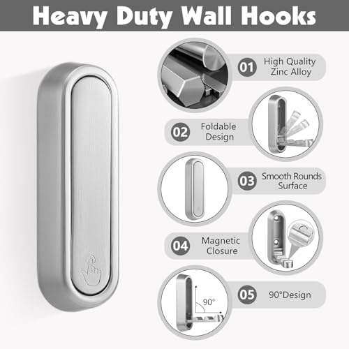 Folding Wall Hooks, 6 Pack, Silver, Zinc Alloy, Heavy Duty Coat Hooks - Image 2