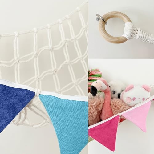 Stuffed Animal Hammock Corner - Large Stuffy Storage With Colorful Flags - Squishie Storage and Plushie Net Stuffed Animal Hammock (Pink) - Image 6