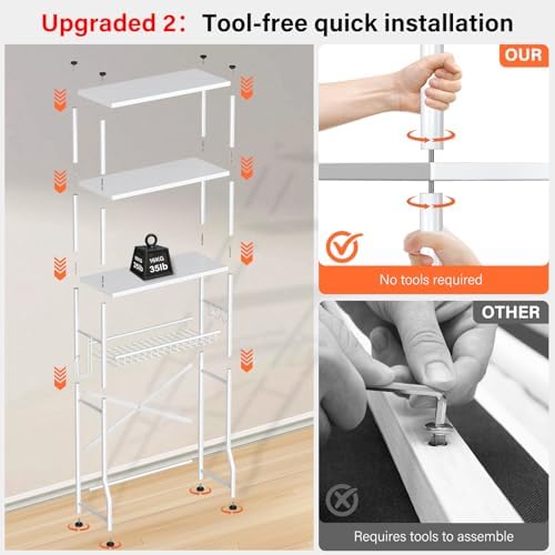 Over the Toilet Storage shelf, 4-Tier Bathroom Organizer Rack, Easy To Install with Adjustable Feet Pad and Basket Freestanding Bathroom Shelves Above Toilet, Space Saver Toilet Storage Cabinet(White) - Image 3