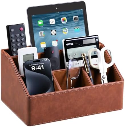 PU Leather Desk Organizer, Remote Control Holder (Brown) by MEIBOOCH