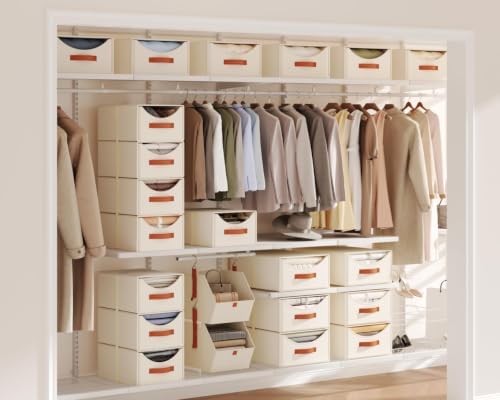 Homsorout Stackable Storage Drawers - Large Collapsible Storage Bins with Drawers, 4 Pack Closet Shelf Organizer Basket, Fabric Pull Out Organizer for Bedroom, Living Room, Dorm, Light Beige - Image 2