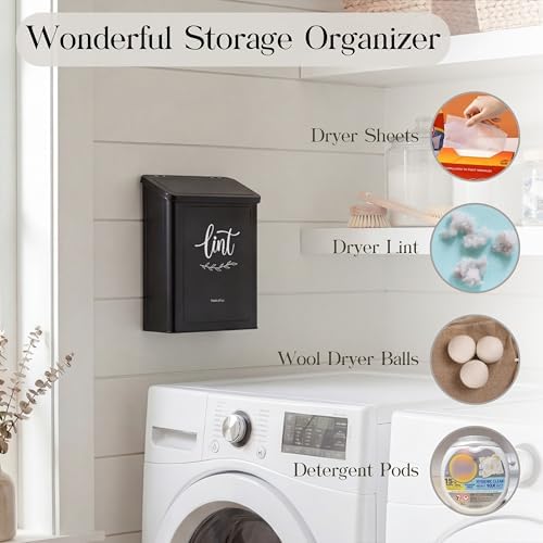 Perfnique Magnetic Lint Bin for Laundry Room with Lint Brush, Wall Mounted Lint Holder Trash can with lid for Dryer, Modern Farmhouse Rustic Metal Laundry Room Storage Organization and Decor(Black) - Image 2