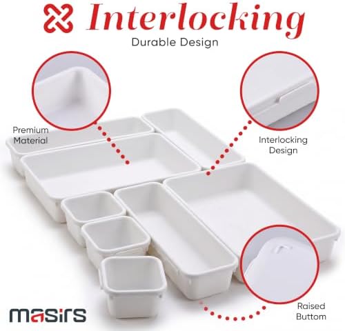 Masirs Interlocking Drawer Organizer Bins - Durable Plastic, Various Sizes for Custom Layout Design. Great for Desk Drawer, Tool Box or Garage Organization. (White | 8-Piece Set) - Image 3