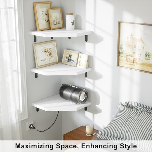 Alsonerbay Pine Wood Corner Shelves with Cable Cutout 3-Pack, White - Image 6