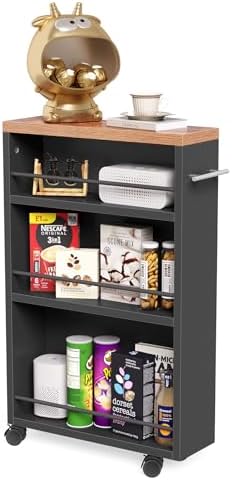 LITTLE TREE Slim Rolling Storage Cart, 3 Tier Snack Cart with Wheels for Kitchen, 6.3 Inch Wide Bathroom Organizer Shelves, Wooden Utility Cart for Laundry Room, Black by LITTLETREE