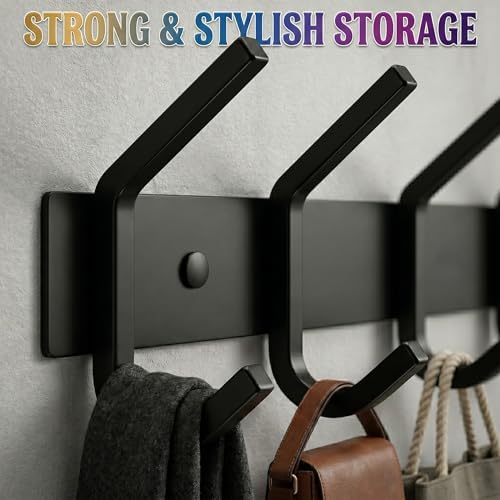 Coat Rack Wall Mount – 17 Inch Stainless Steel Hook Rail with 6 Double Coat Hooks for Hanging – Wall Mounted Entryway Organizer for Coats, Hats, Bags, Towels, Robes, Bedroom or Bathroom - Black - Image 4