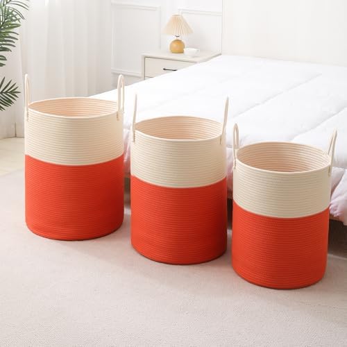 Woven Laundry Hamper Tall Rope Storage Basket for Blanket oys Dirty Clothes in Living Room Bathroom Bedroom (White&Orange, 100L/26.4Gal) - Image 4