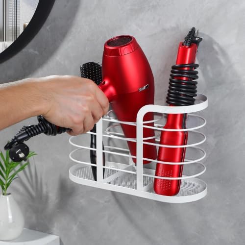 YIGII White Hair Dryer Holder - Adhesive Blow Dryer Holder/Hair Tool Organizer Bathroom Organizer Stick on Wall Mounted Multi-Functional Hair Dryer Rack for Wire Straightener, Shavers - Image 2
