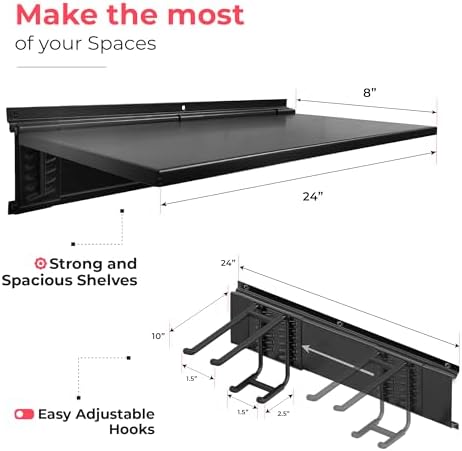 TIDYME Garage Tool Organizer Wall Mount 96", 2 Shelves & 6 Double Hooks - Image 4