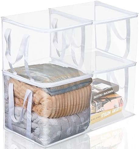 4 Pcs Clear Zippered Organizers 12''x12''x12'' Moving Bags with Reinforced Handles Heavy Duty Storage Cube Tote Storage Blanket Bags Bins for Clothes Moving Supplies Linens Shoes Closet Organizer by Windyun