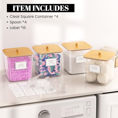 HomePekite Laundry Pods Storage Container, Clear Acrylic Laundry Room Organization and Storage ,Detergent Powder Container,with Wooden Lids & Labels, 4 Pack - Image 5
