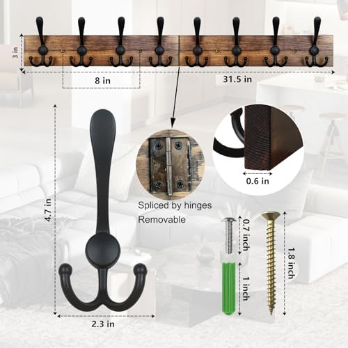 Coat Rack Wall Mount 31.5'' Coat Hanger Wall Mount Burnt Brown Coat Hooks for Wall Rustic Towel Racks for Bathroom Living Room Coat Hat Cloth - Image 2