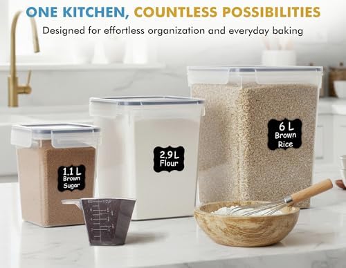 Shazo Flour Sugar Storage Containers Set of 3 (6L, 2.9L, 1.1L) Large Airtight Food Storage Containers with Lids, BPA-Free Plastic Container for Kitchen & Pantry Organizers, Cereal, Rice & Pasta - Image 4