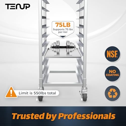 TenUp 10-Tier Half Size Sheet Pan Rack, Heavy-Duty Aluminum Bakery Rack with Wheels – Commercial Cooling & Storage Cart – 18" L x 15.5" W x 36" H - Image 4