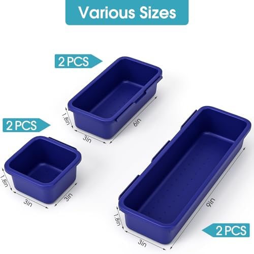 6 PCS Drawer Organizer Set, 3 Size Makeup Drawer Divider Organizer With Non-Slip Pads, Interlocking Plastic Storage Bins for Office,Jewelry Vanity,Gadgets, Bathroom,Kitchen, Navy - Image 2