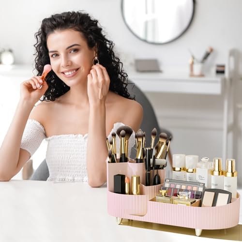Pink Rotating Vanity Organizer with Brush Holder - Large Spinning Cosmetic Storage, Countertop Makeup & Skincare Organizer, Perfume & Lotions Display Case - Image 5