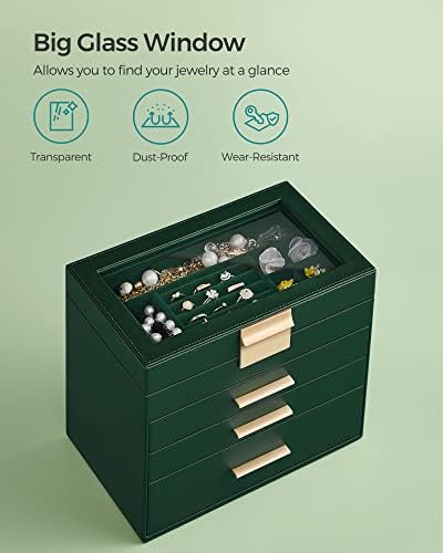SONGMICS Jewelry Box Organizer, 4-Layer Storage with 3 Drawers, Glass Lid - Image 3