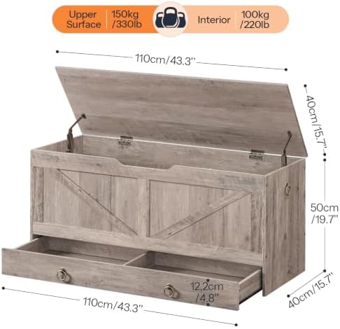HOOBRO Storage Chest, 43.3" Toy Chest with Drawer, Wooden Storage Bench, Sturdy Entryway Bench Supports 330 lb, Shoe Bench, Safety Hinge, U-Shaped Opening, Easy Assembly, Greige BG711CW01G2 - Image 3