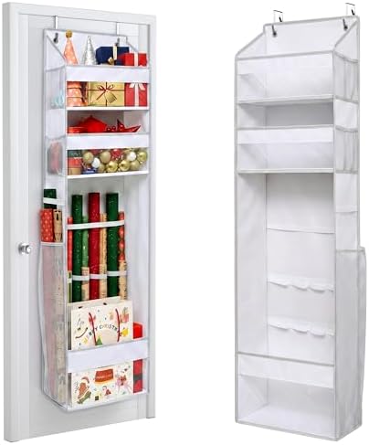 Wrapping Paper Storage Organizer – Over The Door Hanging Gift Wrap Holder for 15-30" Rolls, Space Saving Closet Organizer for Christmas, Halloween, Birthday with Side Mesh Pockets White by ORDOVIBE