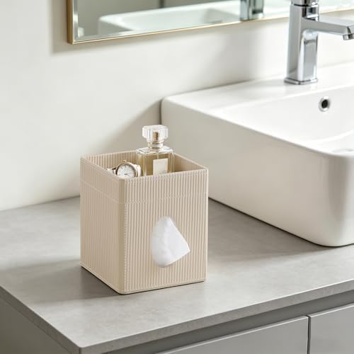 Square Tissue Box Cover with Storage Tray, Tissue Box Organizer, Beige - Image 4