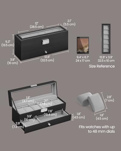 SONGMICS 6-Slot Watch Box, Lockable with Glass Lid, 2 Layers Watch Case - Image 5