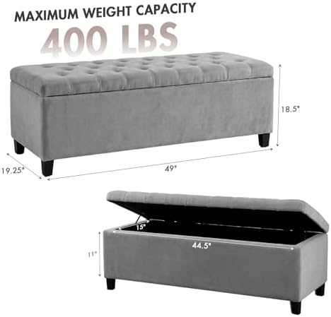 Madison Park 49" Upholstered Storage Bench, Button Tufted End of Bed Bench with Storage, Dual Spring Soft-Close Lid, Bedroom Bench for Queen King Bed, Entryway Living Room, Grey - Image 3