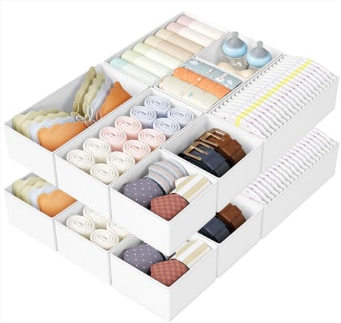 DIMJ Drawer Organizers Clothes, Set of 16 Dresser Organizer Bins, Fabric Closet Organizers and Storage, Shallow Drawer Dividers for Nursery, Clothing, Baby Clothes, Socks, Underwears, Tie (White) by DiMJ