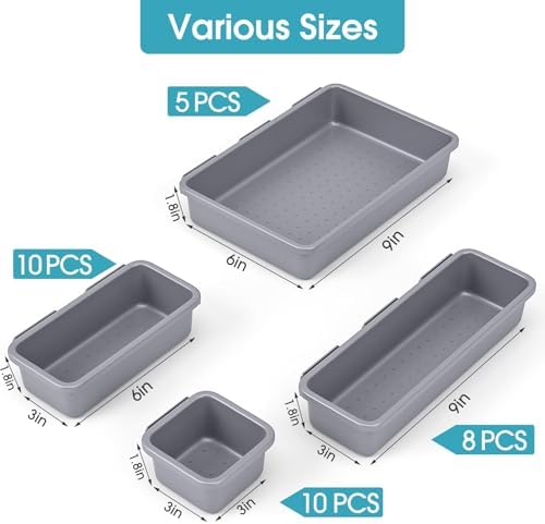 33 PCS Drawer Organizer Set, 4 Size Makeup Drawer Divider Organizer With Non-Slip Pads, Interlocking Plastic Storage Bins for Office,Jewelry Vanity,Gadgets, Bathroom,Kitchen, Grey - Image 2