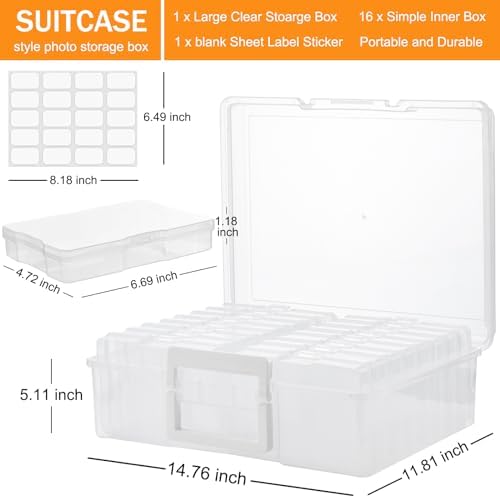 ALINK Photo Storage Box with Handle, 4" x 6" Photo Case Craft Keeper Organizer Container with 16 Inner Case and Label for Pictures, Arts, Crafts, Sewing, Stickers, Office Supplies - Clear - Image 2