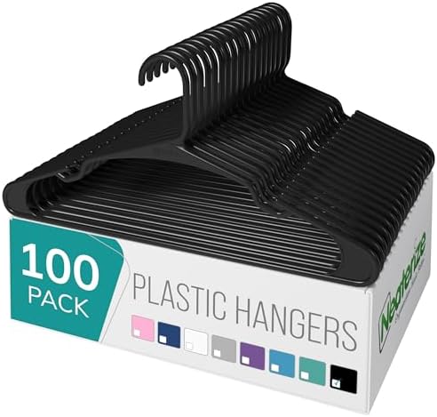 NEATERIZE Clothes Hangers Plastic 100 Pack for Adults - Plastic Hangers, The Perfect Coat Hanger and Space Saving Clothes Hangers for Closet - Black Hangers by Neaterize